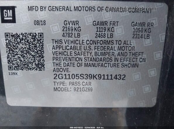 2G1105S39K9111432 2019 CHEVROLET IMPALA Gray 