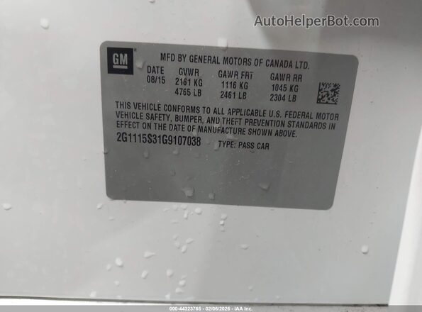 2G1115S31G9107038 2016 CHEVROLET IMPALA Белый Вид подкапотного пространства