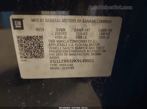 2G11Z5S32K9149901 2019 CHEVROLET IMPALA Черный Вид подкапотного пространства