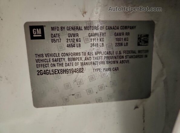 2G4GL5EX8H9194802 2017 BUICK REGAL White Widok naklejki z numerem VIN