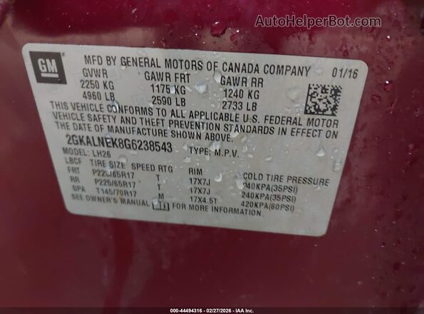 2GKALNEK8G6238543 2016 GMC TERRAIN Red Vista del compartimento del motor