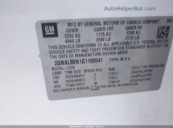 2GNALBEK1G1188941 2016 CHEVROLET EQUINOX White Вид підкапотного простору