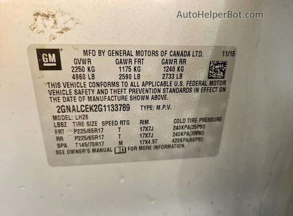 2GNALCEK2G1133789 2016 CHEVROLET EQUINOX Silver VIN sticker view
