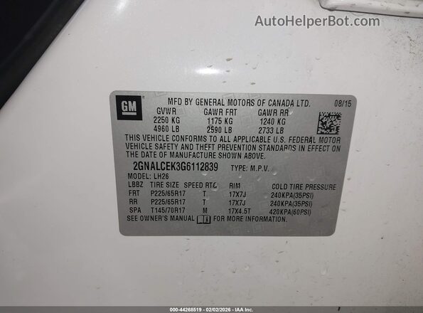 2GNALCEK3G6112839 2016 CHEVROLET EQUINOX White Widok komory silnika