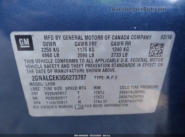 2GNALCEK3G6273787 2016 CHEVROLET EQUINOX Blue Widok komory silnika