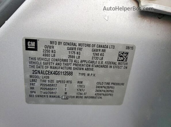 2GNALCEK4G6112588 2016 CHEVROLET EQUINOX Silver Панорамний вид салону 360°