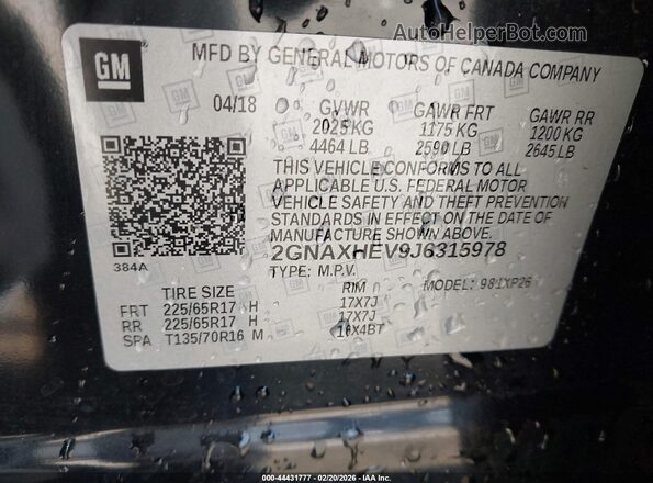 2GNAXHEV9J6315978 2018 CHEVROLET EQUINOX Черный Вид подкапотного пространства