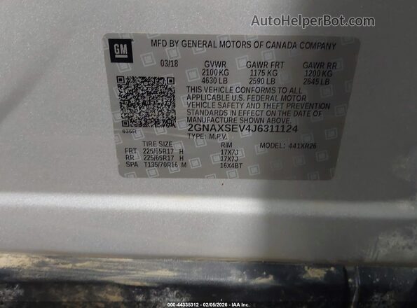 2GNAXSEV4J6311124 2018 CHEVROLET EQUINOX Gray Vista del compartimento del motor