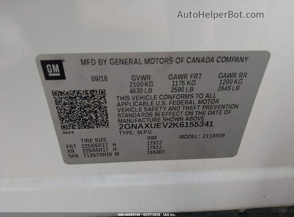 2GNAXUEV2K6155341 2019 CHEVROLET EQUINOX White 
