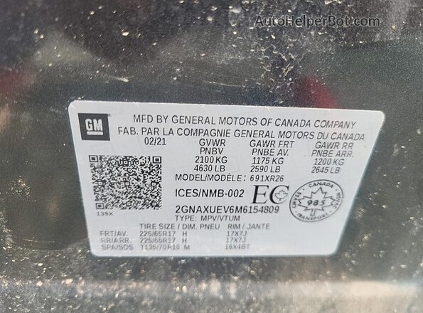 2GNAXUEV6M6154809 2021 CHEVROLET EQUINOX Gray VIN կոդի պիտակի տեսք
