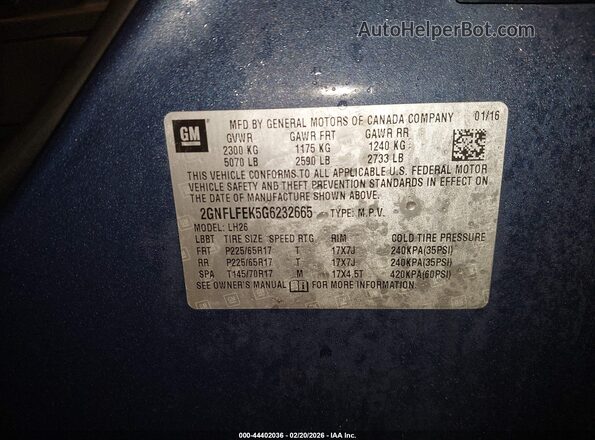 2GNFLFEK5G6232665 2016 CHEVROLET EQUINOX Blue Շարժիչի բաժամունքի տեսք