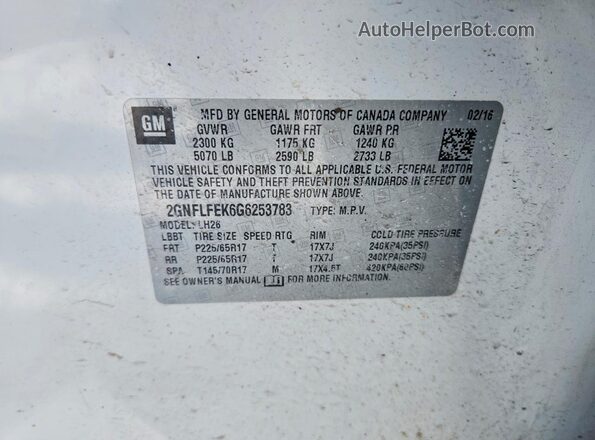 2GNFLFEK6G6253783 2016 CHEVROLET EQUINOX White VIN კოდის სტიკერის ხედი
