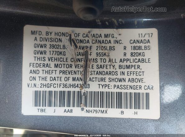 2HGFC1F36JH643203 2018 HONDA CIVIC Gray Вид підкапотного простору