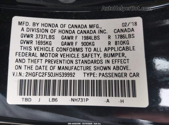 2HGFC2F50JH539992 2018 HONDA CIVIC Black 