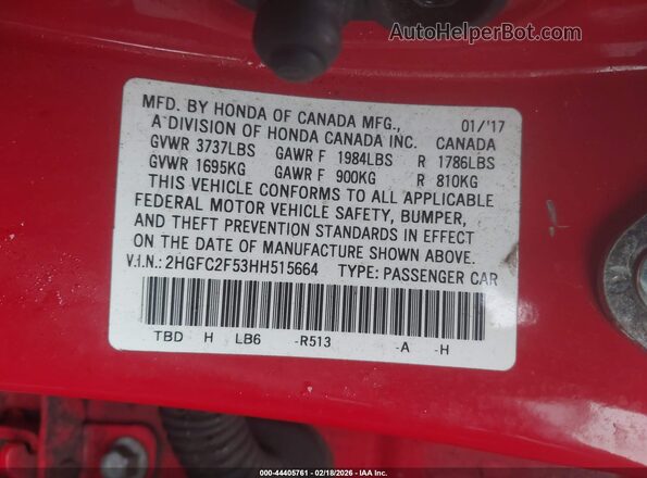 2HGFC2F53HH515664 2017 HONDA CIVIC Red Engine compartment view