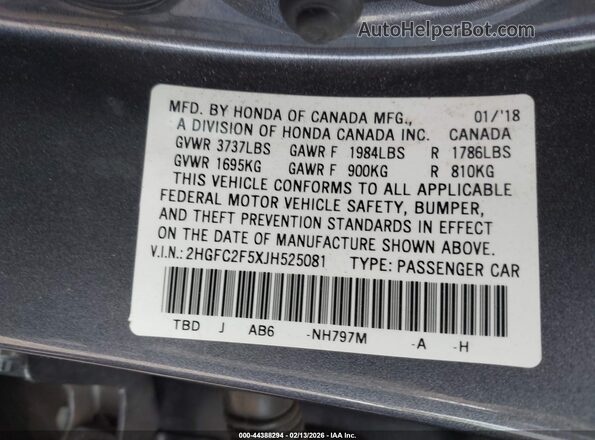 2HGFC2F5XJH525081 2018 HONDA CIVIC Gray Շարժիչի բաժամունքի տեսք