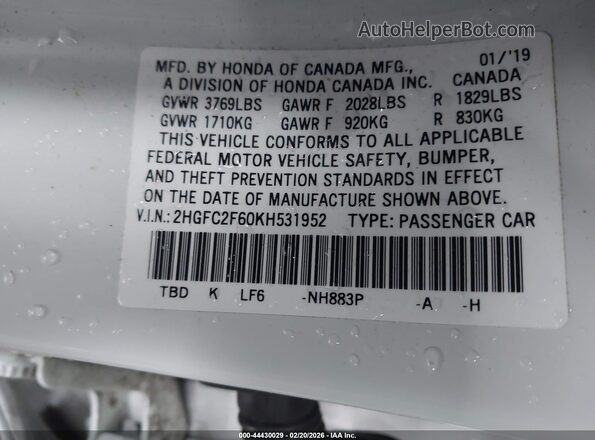 2HGFC2F60KH531952 2019 HONDA CIVIC White Engine compartment view