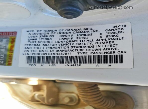 2HGFC2F61KH557914 2019 HONDA CIVIC White 