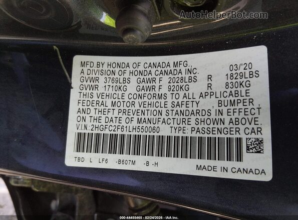 2HGFC2F61LH550060 2020 HONDA CIVIC Black Vista del compartimento del motor