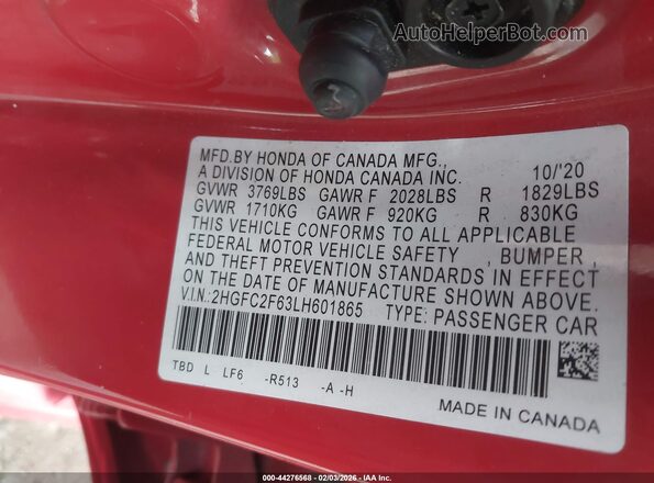 2HGFC2F63LH601865 2020 HONDA CIVIC Красный 