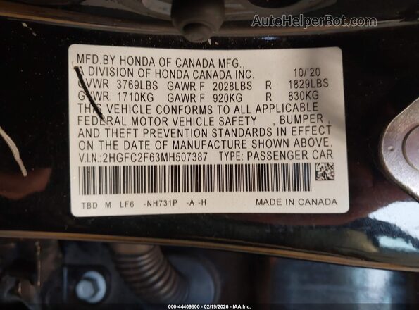 2HGFC2F63MH507387 2021 HONDA CIVIC Black Vista del compartimento del motor
