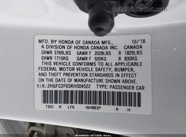 2HGFC2F65KH504522 2019 HONDA CIVIC White 