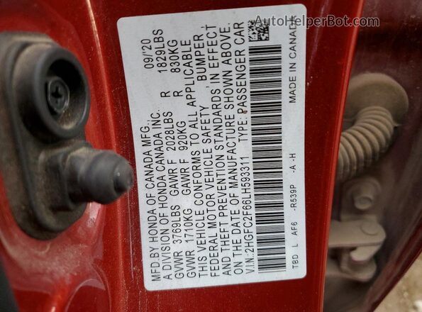 2HGFC2F66LH593311 2020 HONDA CIVIC Red ძრავის განყოფილების ხედი