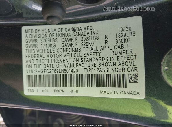 2HGFC2F69LH601420 2020 HONDA CIVIC Blue Widok komory silnika