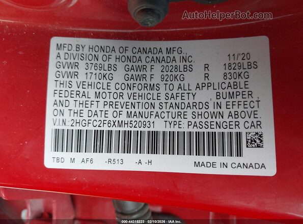 2HGFC2F6XMH520931 2021 HONDA CIVIC Red 
