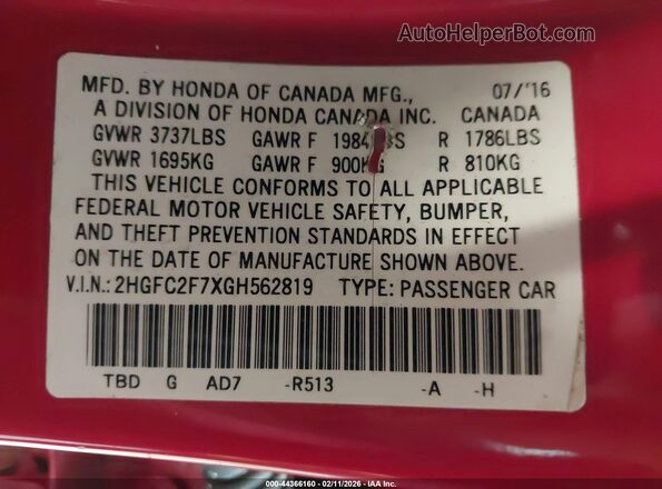 2HGFC2F7XGH562819 2016 HONDA CIVIC Red Engine compartment view