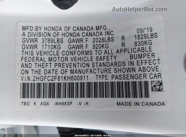 2HGFC2F81KH600911 2019 HONDA CIVIC White Engine compartment view