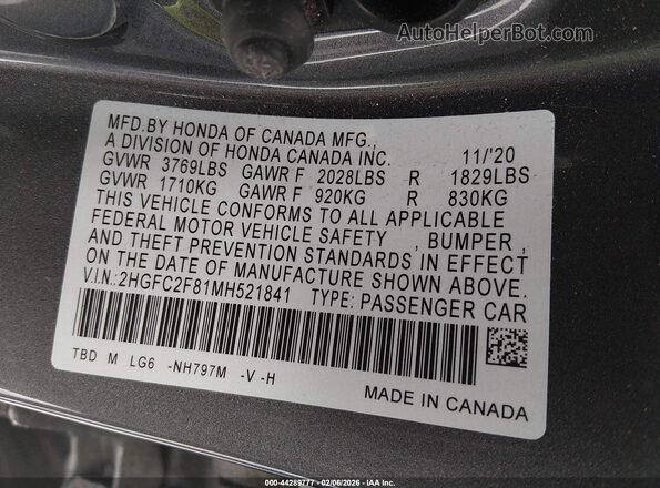 2HGFC2F81MH521841 2021 HONDA CIVIC Gray Вид підкапотного простору