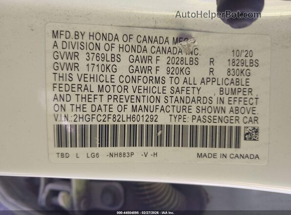 2HGFC2F82LH601292 2020 HONDA CIVIC White ძრავის განყოფილების ხედი