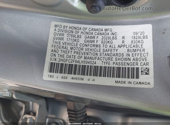 2HGFC2F84LH594524 2020 HONDA CIVIC Gray Շարժիչի բաժամունքի տեսք