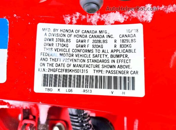 2HGFC2F85KH501315 2019 HONDA CIVIC Red 