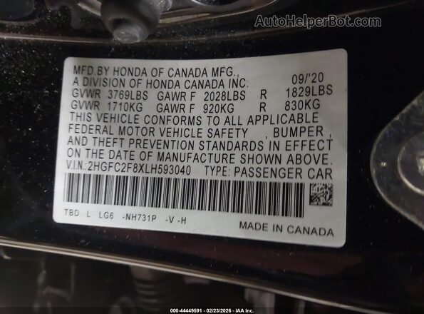 2HGFC2F8XLH593040 2020 HONDA CIVIC Black Vista del compartimento del motor