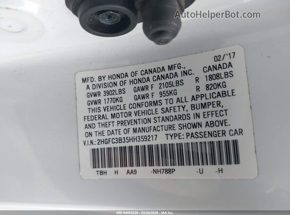 2HGFC3B35HH359217 2017 HONDA CIVIC White Widok komory silnika