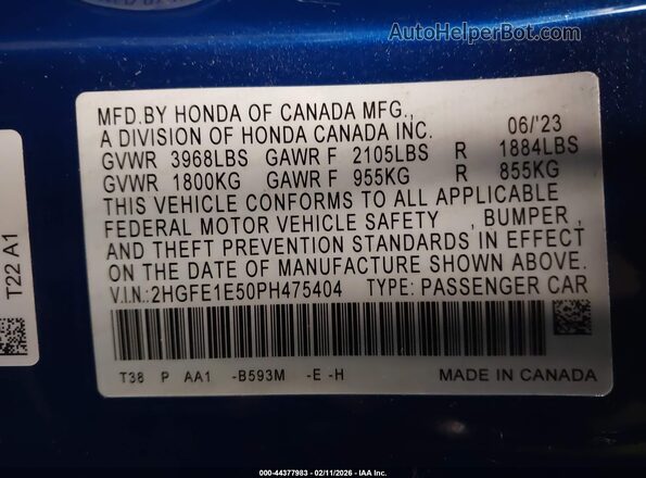 2HGFE1E50PH475404 2023 HONDA CIVIC Синий Вид подкапотного пространства