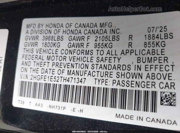 2HGFE1E52TH471347 2026 HONDA CIVIC SI Black 