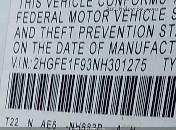 2HGFE1F93NH301275 2022 HONDA CIVIC White Շարժիչի բաժամունքի տեսք