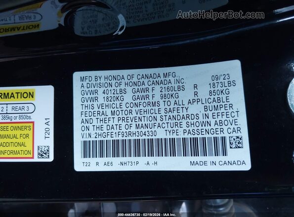 2HGFE1F93RH304330 2024 HONDA CIVIC Black Vista del compartimento del motor