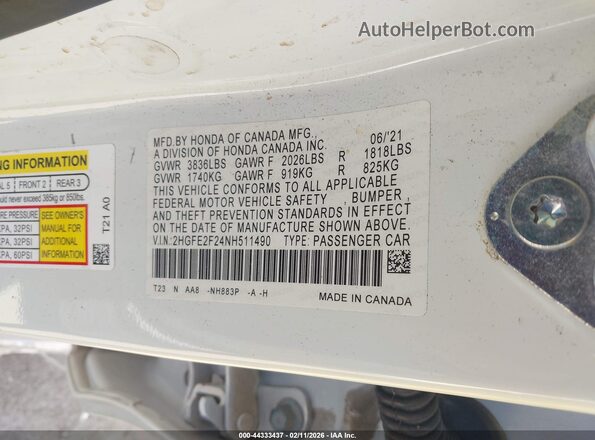 2HGFE2F24NH511490 2022 HONDA CIVIC White ძრავის განყოფილების ხედი