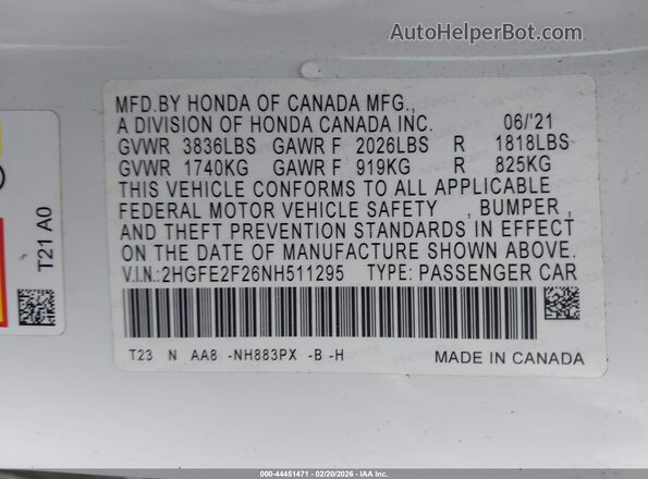 2HGFE2F26NH511295 2022 HONDA CIVIC Белый Вид подкапотного пространства