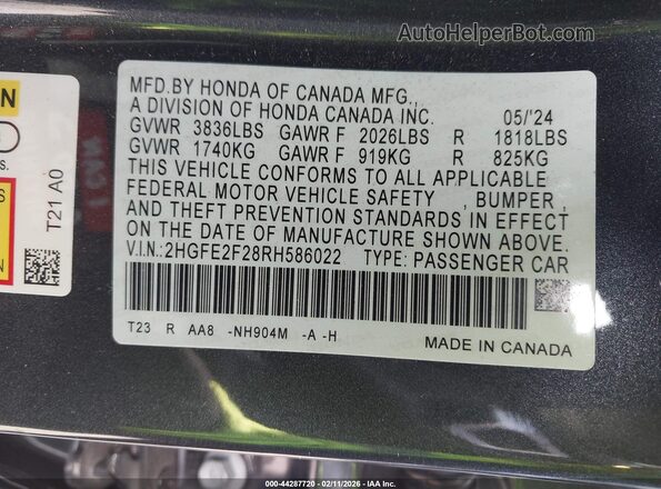 2HGFE2F28RH586022 2024 HONDA CIVIC Серый Вид подкапотного пространства