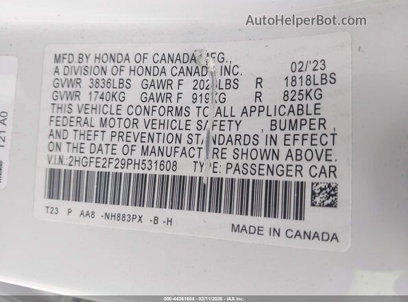 2HGFE2F29PH531608 2023 HONDA CIVIC White 