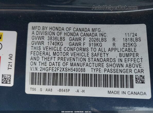 2HGFE2F2XSH549088 2025 HONDA CIVIC Dark Blue Engine compartment view