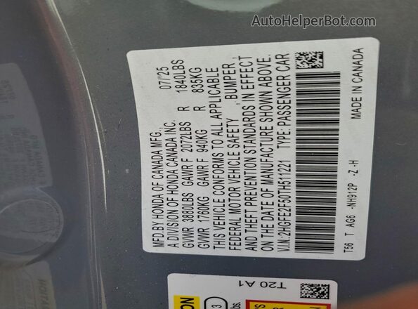 2HGFE2F50TH511221 2026 HONDA CIVIC Серый 