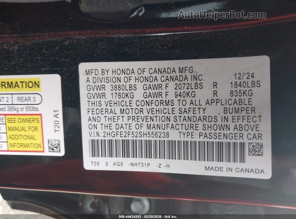 2HGFE2F52SH556238 2025 HONDA CIVIC Black 