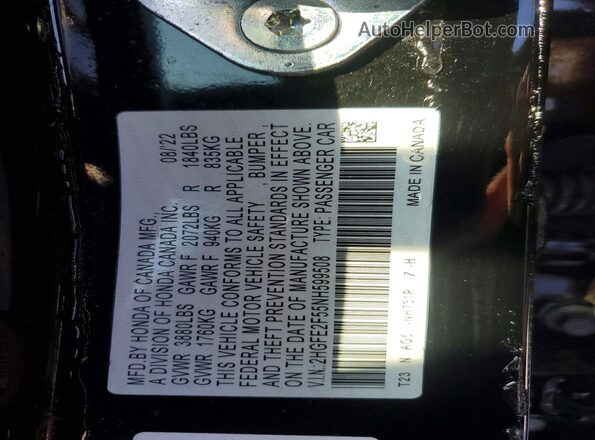 2HGFE2F55NH599508 2022 HONDA CIVIC Black Widok komory silnika