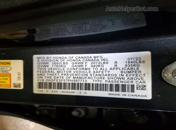 2HGFE2F57PH567713 2023 HONDA CIVIC Серый 